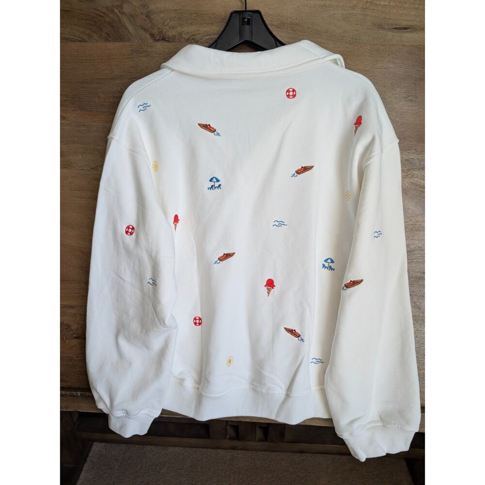 NWT Boatwell Sweatshirt Womens L White Embroidered Nautical L/S V-Neck Pullover - Picture 2 of 5